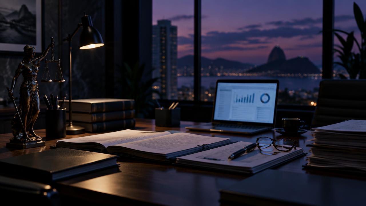 Mesa de escritório de advocacia ao anoitecer, com autos, laptop e painel de indicadores